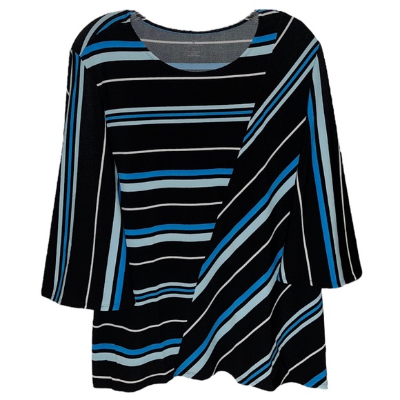 Stretch Knit Blouse Flowy Multi Stripes Blue Black 3/4 Sleeve Top Size XLarge - Picture 10 of 12